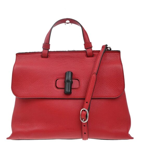 Gucci Handbags - GUCCI GG Logo Daily 2Way Shoulder Hand Bag Bamboo Leather Red